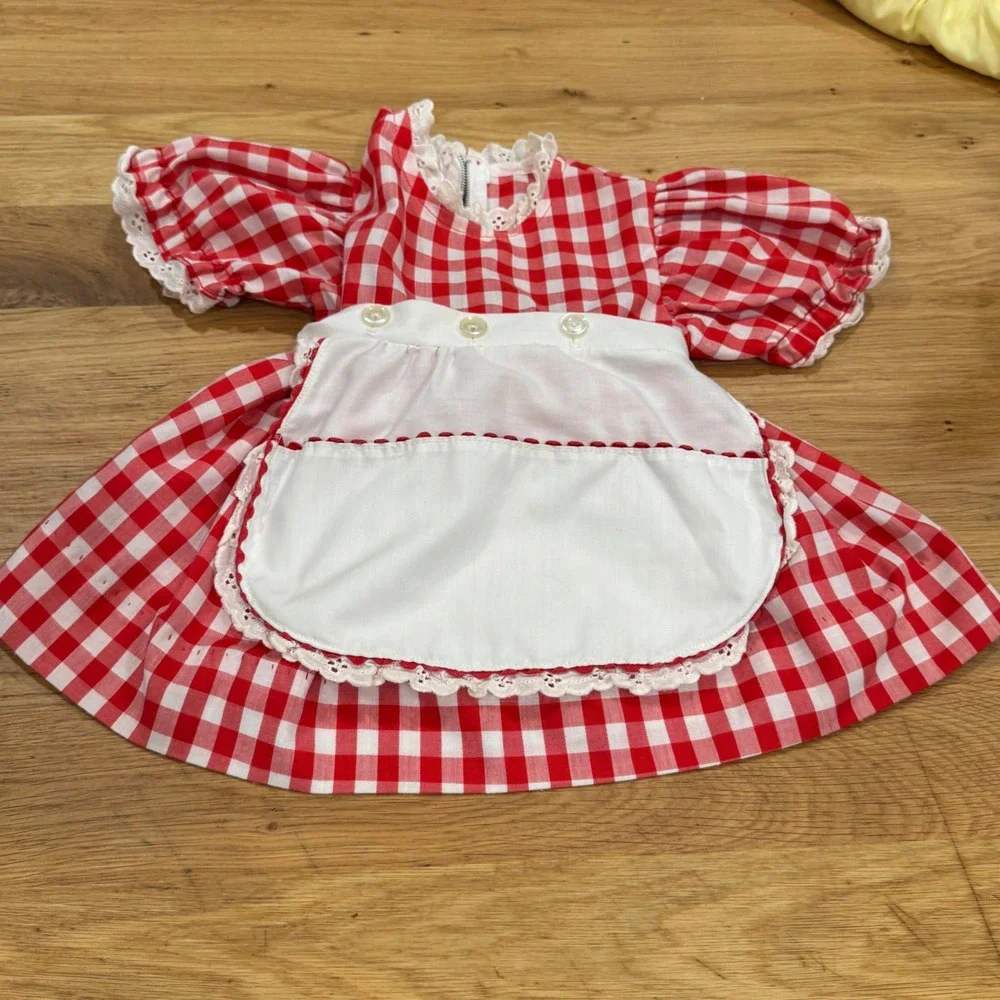 Vintage 90s Red Gingham Baby Dress w Detachable Apron Lace Trim Red White 12-18M